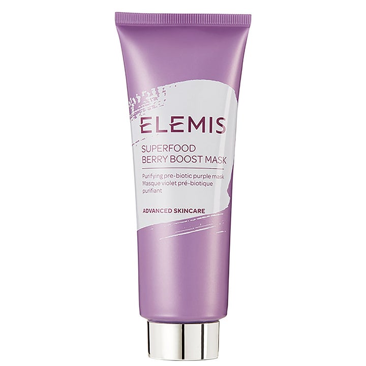 Elemis Superfood Berry Boost Mask 75ml renande ansiktsmask bär i lila tub med dekorativt vitt fält och silverkork