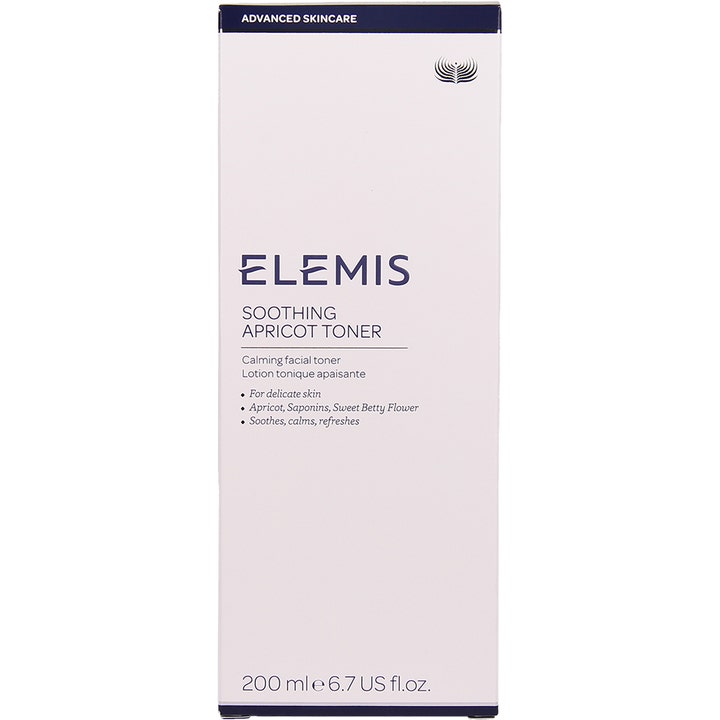 Elemis Soothing Apricot Toner 200 ml lugnande alkoholfritt ansiktsvatten i vit ytterförpackning med blå text.