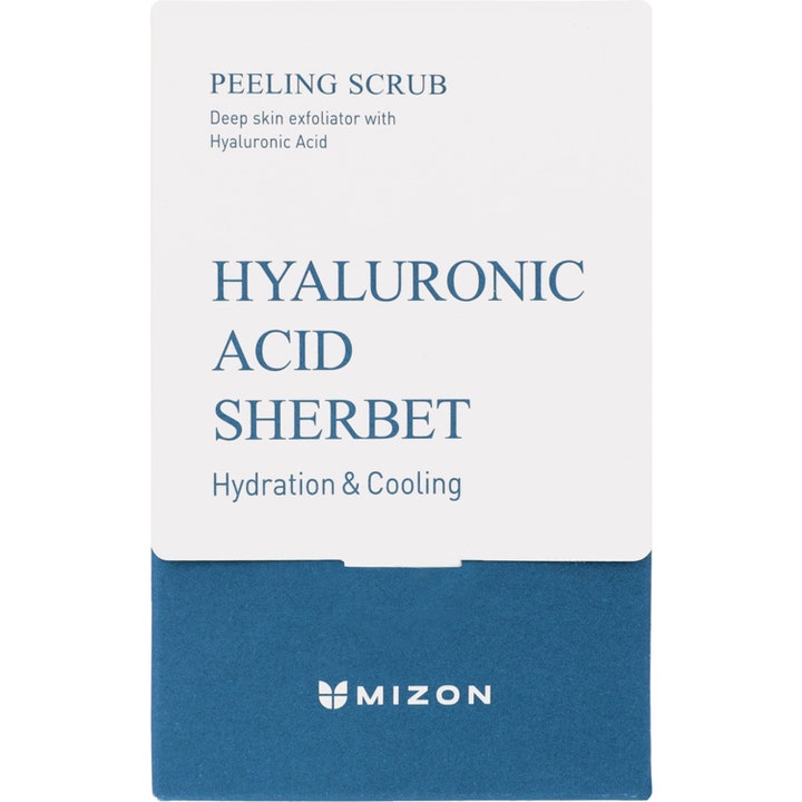 Mizon Hyaluronic Sherbet Peeling Scrub 5 g återfuktande ansiktsskrubb i vit och blå ytterförpackning.