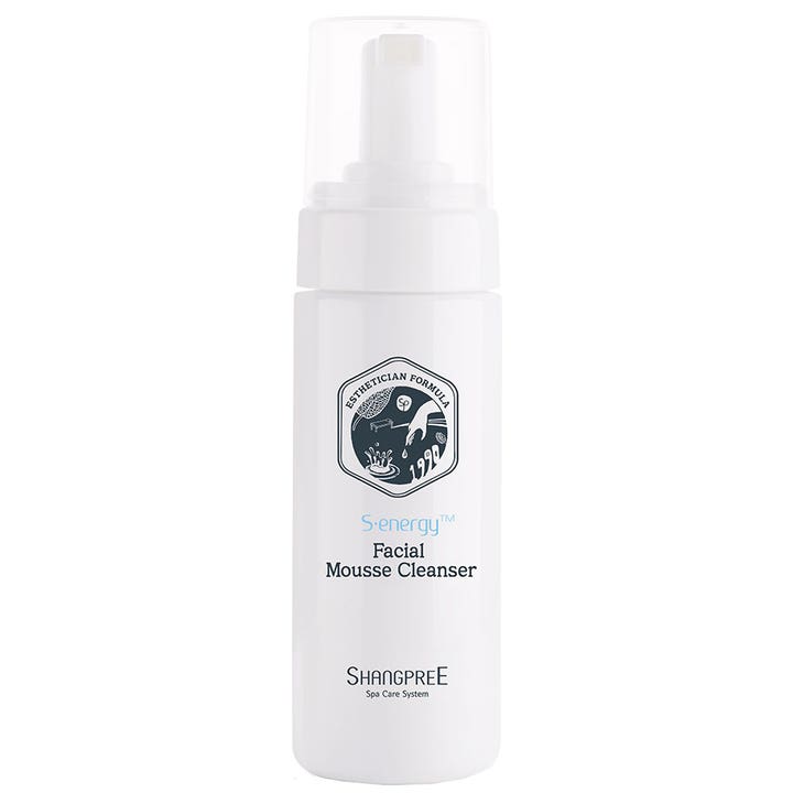 Shangpree S-energy Facial Mousse Cleanser fuktgivande rengöringsmousse i vit flaska med pump och genomskinligt lock