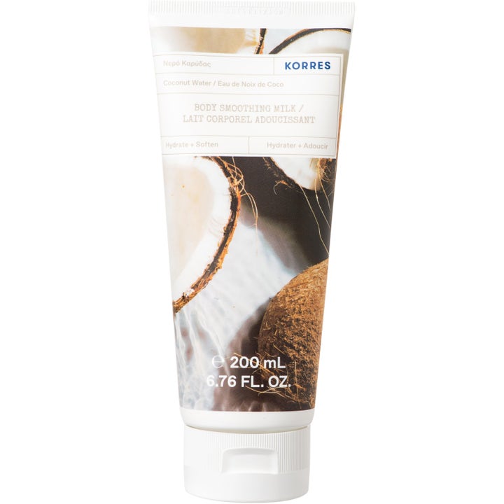 Korres Coconut Water Body Smoothing Milk 200 ml mjukgörande body milk i vit plasttub med motiv av en delad kokosnöt.