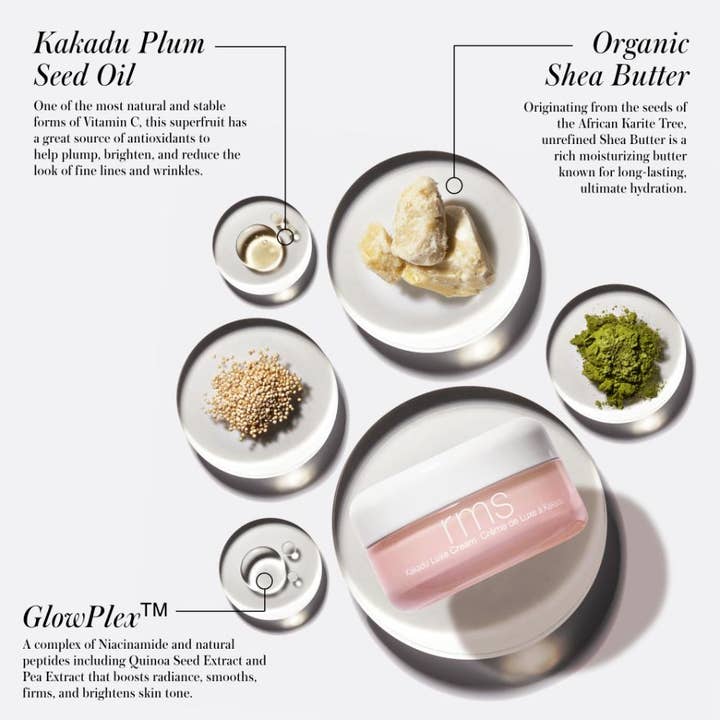 RMS Beauty Kakadu Luxe Cream 50 ml lyx ansiktskräm visas med ingredienser som sheasmör och Kakadu Plum Seed Oil.