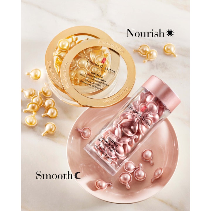 Elizabeth Arden Advanced Ceramide Capsules 60 st anti age behandling bredvid Retinol på marmorfat