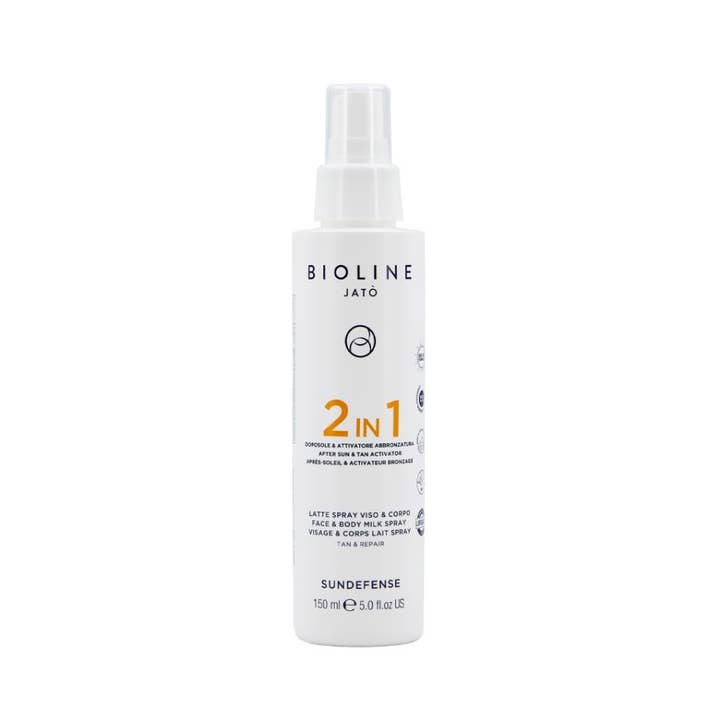 Bioline Jato Sundefense 150 ml 2 i 1 aftersun spray som ger näring i vit plastflaska med spraymunstycke