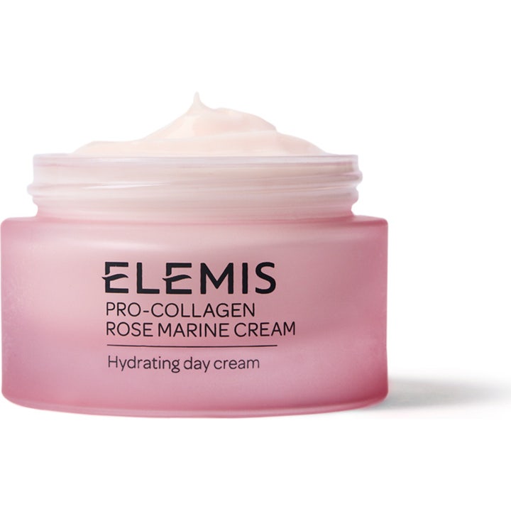 Elemis Pro-Collagen Rose Marine Cream 50 ml återfuktande roskräm i en frostad rosa glasburk med krämig textur