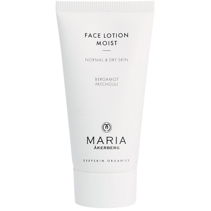 Maria Åkerberg Face Lotion Moist ekologisk fuktgivande ansiktskräm för torr hud i en minimalistisk vit tub med bergamott.