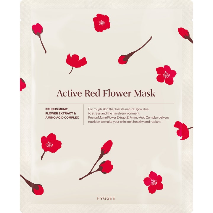 Hyggee Active Red Flower Mask 1 st koreansk hudvård aktiv blomextrakt ansiktsmask i beige påse med röda blommor