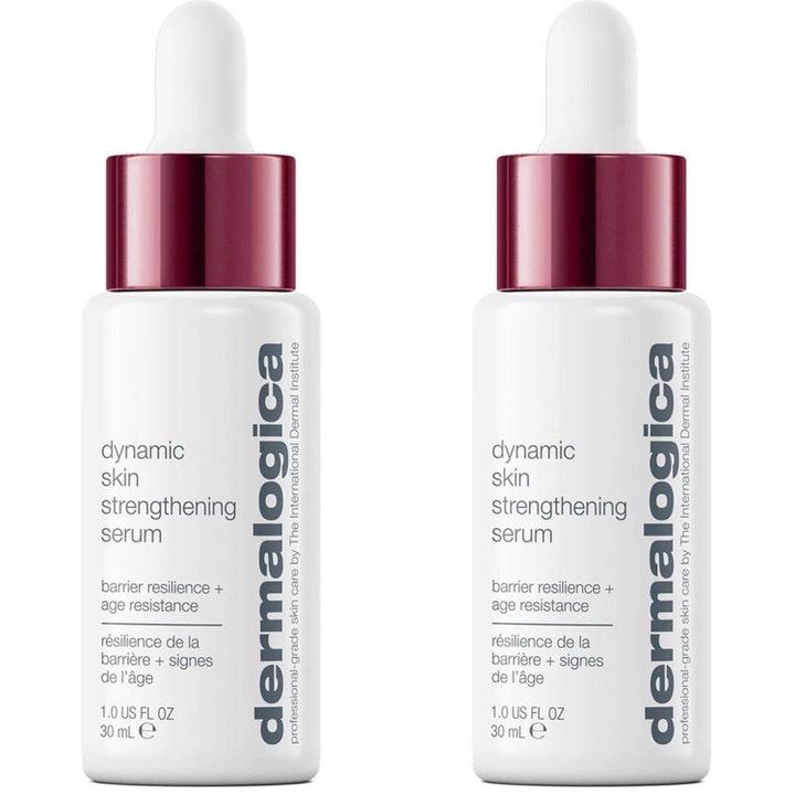 Dermalogica Dynamic Skin Strengthening Serum 30 ml stärkande serum för barriärresistens i vita flaskor med mörkröda detaljer.