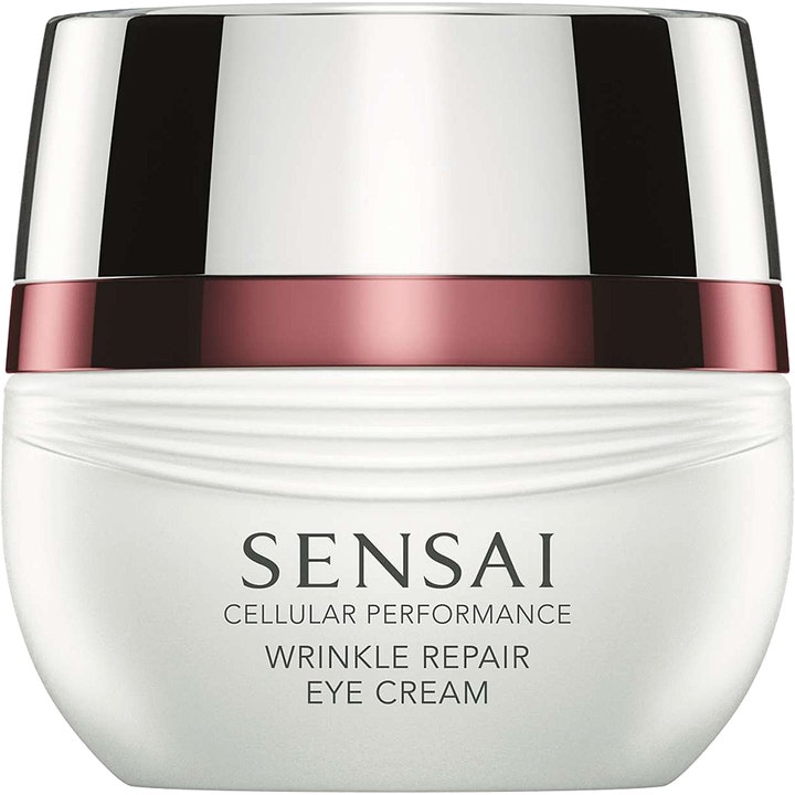 Sensai Cellular Performance Wrinkle Repair Eye Cream reducerar rynkor i vit rundad burk med glänsande silverlock