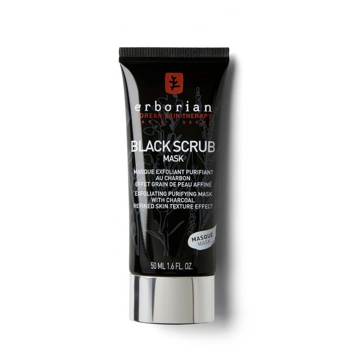 Erborian Black Scrub Mask 50 ml kol ansiktsmask för detox exfoliering och finare hudstruktur i en svart tub med silverkork