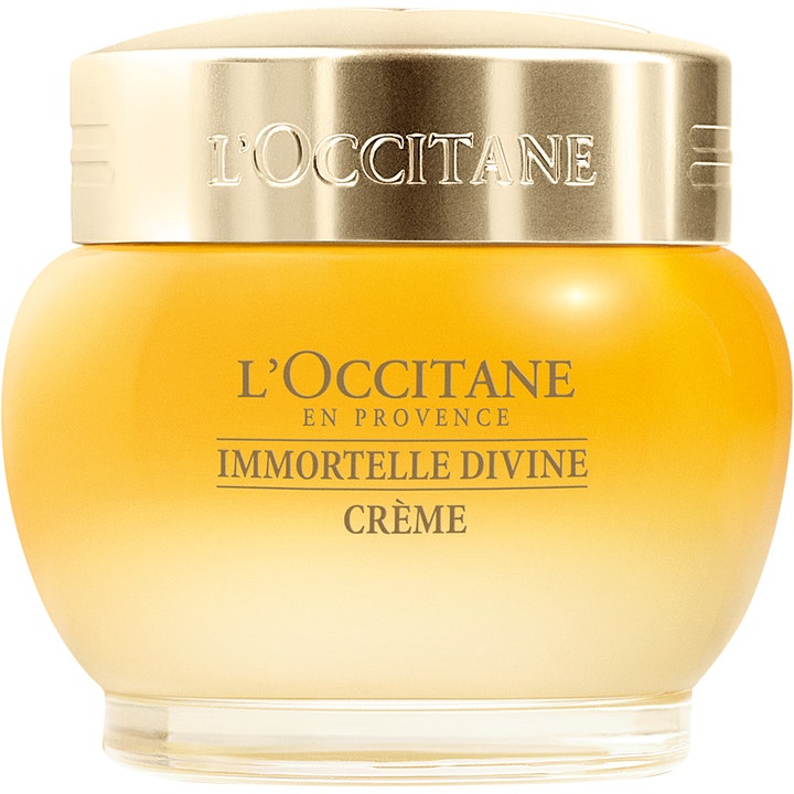 L'Occitane Immortelle Divine Crème 50ml ansiktskräm mot ålderstecken i en gul glasburk med glansigt guldfärgat lock