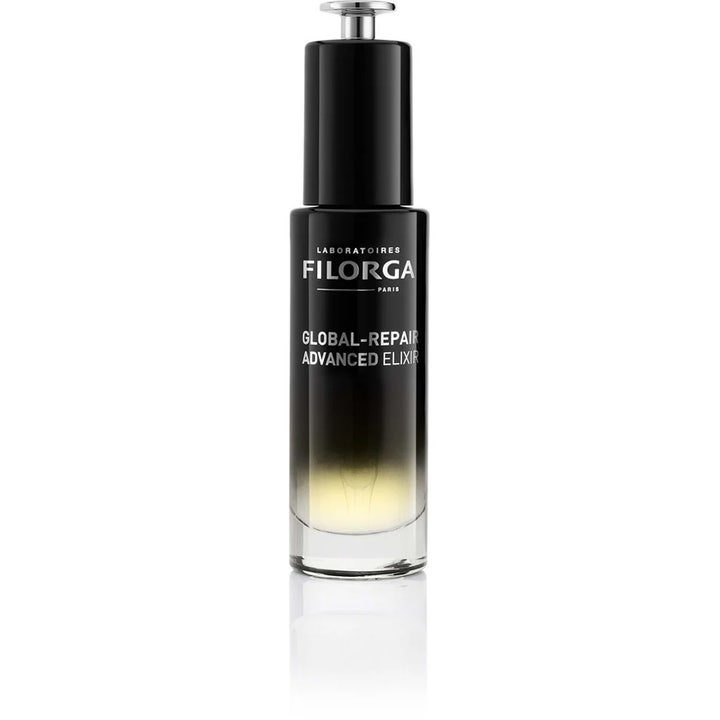 Filorga Global-Repair Advanced Elixir 30 ml reparerande anti-aging hudserum i en svart tonad glasflaska med silverpump