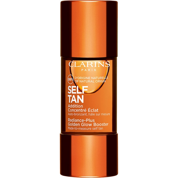 Clarins Radiance Plus Golden Glow Booster Face ansiktsdrops ger naturlig solkysst hy i bärnstensfärgad flaska.