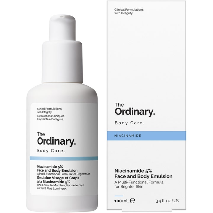 The Ordinary Niacinamide 5% Face & Body Emulsion 100 ml ansiktsemulsion mot ojämn hudton i vit pumpflaska och box