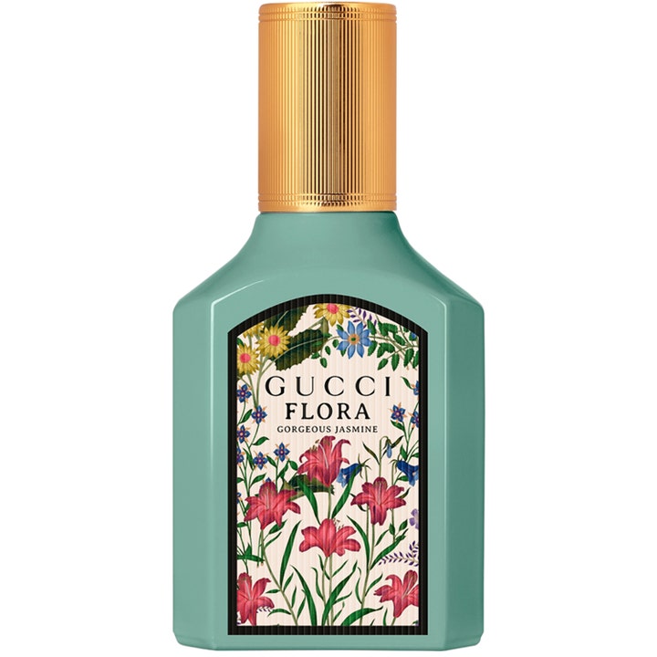 Gucci Flora Gorgeous Jasmine 30 ml Eau de Parfum ger en blommig jasminparfym i turkos glasflaska med guldfärgat lock
