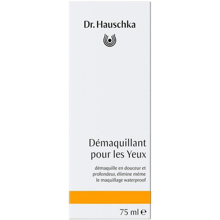 Dr. Hauschka ögonsminkborttagning 75 ml tar bort vattenfast smink i en vit ytterförpackning med orange rand.