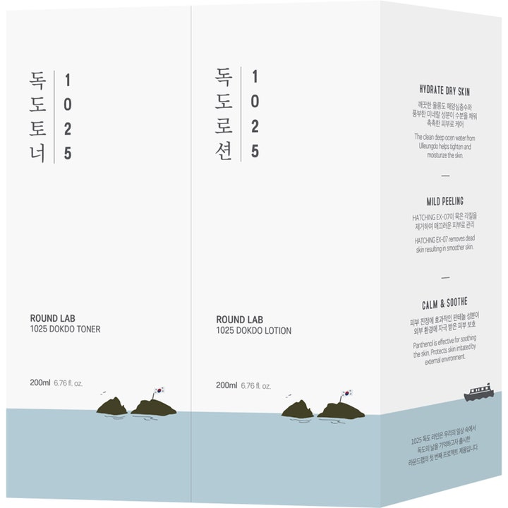 Round Lab 1025 Dokdo Toner Lotion Special Set 400 ml återfuktande K-beauty hudvård i vit box med havsmotiv.