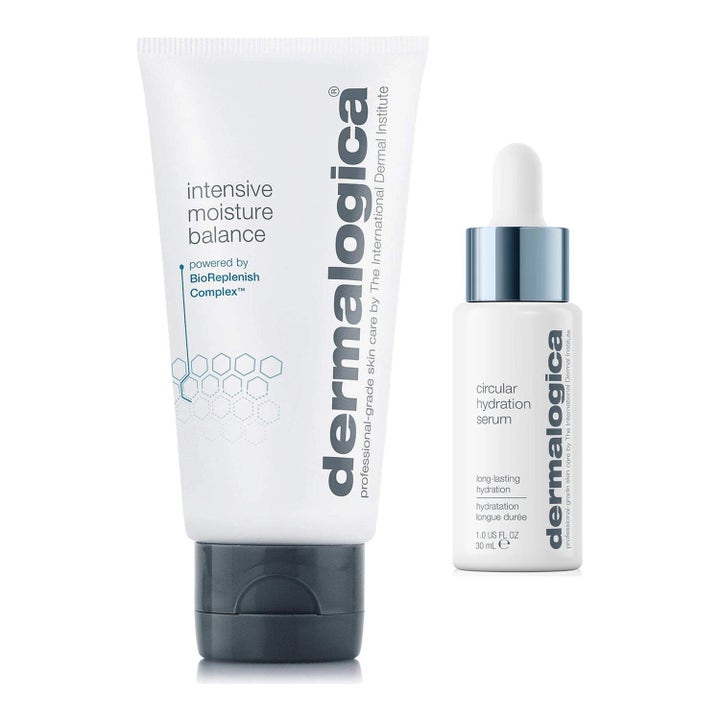 Dermalogica Circular Hydration Serum 30 ml och ansiktskräm i vit tub och flaska för professionellt återfuktande fukt.