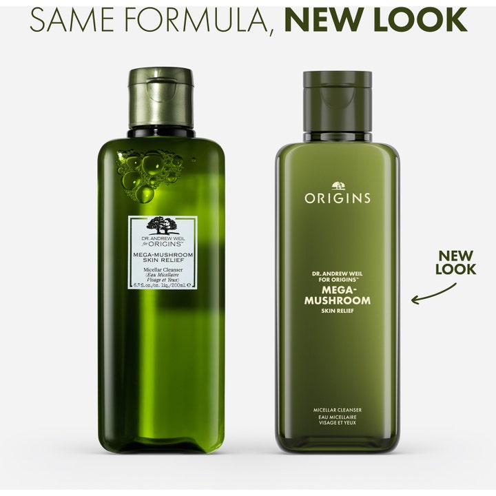 Origins Dr. Weil Mega-Mushroom 200 ml micellär ansiktsrengöring lugnar huden i ny och gammal grön flaska.