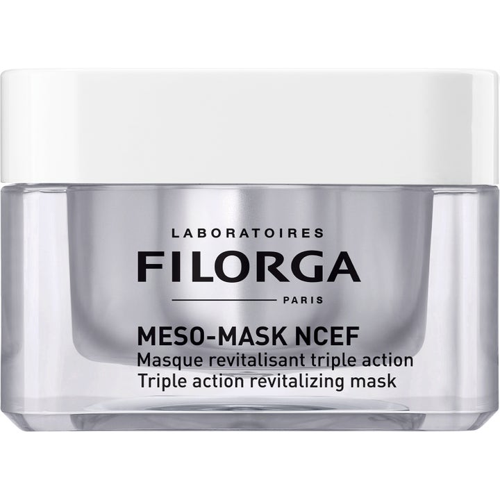 Filorga Meso-Mask NCEF revitaliserande ansiktsmask i en genomskinlig burk med silverfärgad insida och vitt lock