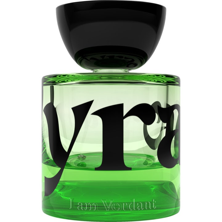 Vyrao I Am Verdant 50 ml parfym i glasflaska med klargrön vätska, stor svart text och ett runt svart lock