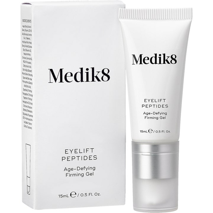 Medik8 Eyelift Peptides 15 ml ögonkräm mot påsar i vit tub med silverkork och matchande ytterkartong