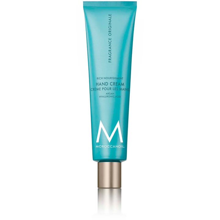 Moroccanoil Hand Cream Fragrance Originale fuktgivande handkräm med arganolja i turkos tub med silverkork.