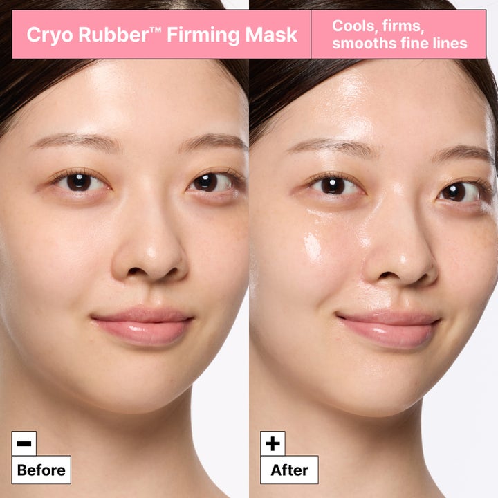 Dr.Jart+ Cryo Rubber Firming Mask 36 g ansiktsmask visar före- och efterresultat som svalkar och ger fastare hud.