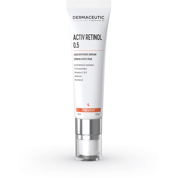 Dermaceutic Activ Retinol 0.5 30 ml stärkande serum med retinol i vit tub med silverpump och genomskinligt lock.