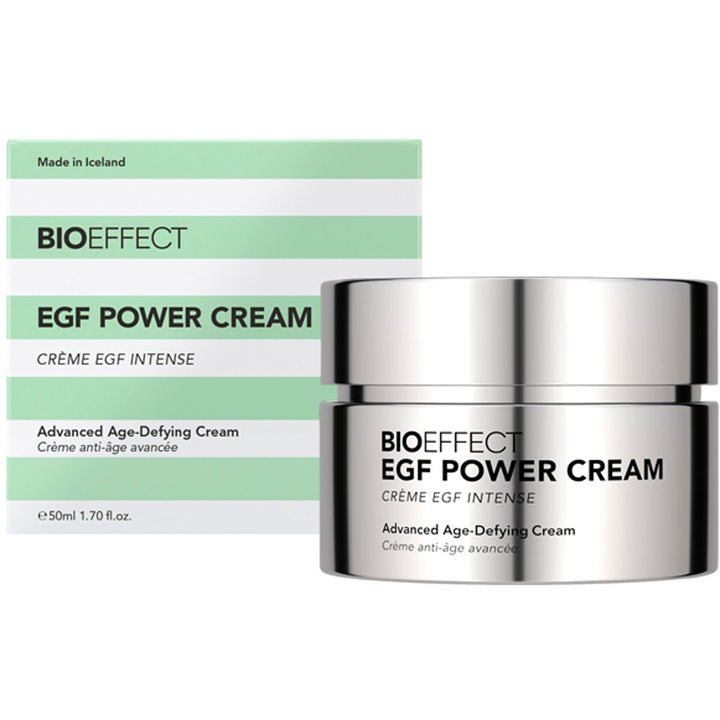 BIOEFFECT EGF Power Cream 50 ml åldersbekämpande EGF ansiktskräm i silverfärgad burk med grön- och vitrandig ytterask.
