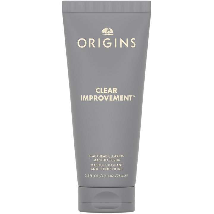 Origins Clear Improvement 75 ml ansiktsmask pormaskar är en 2-i-1 ansiktsmask och skrubb i en matt grå plasttub.