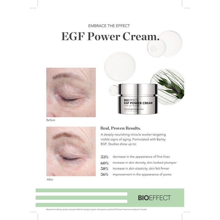 Bioeffect EGF Power Cream 50 ml i burk med före och efter bilder som visar resultat på fina linjer.