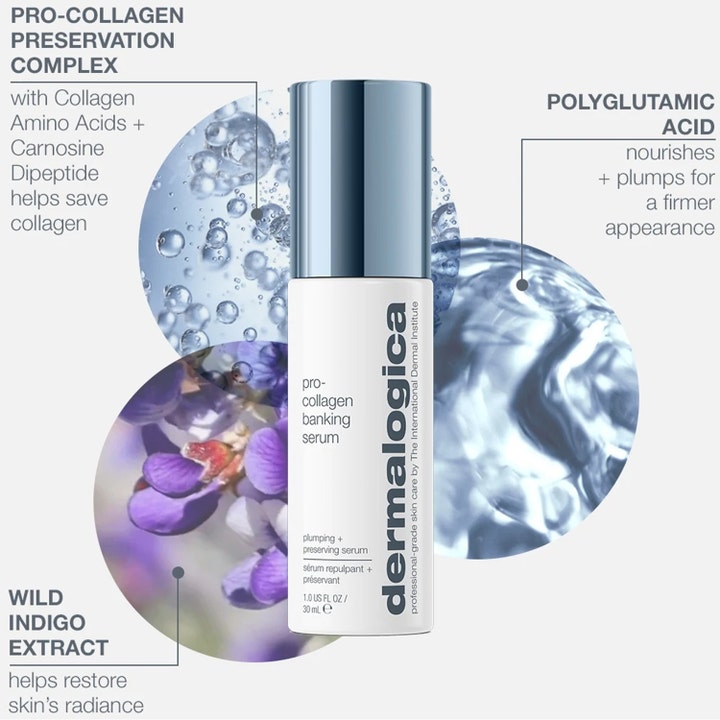 Dermalogica Pro-Collagen Banking Serum 30 ml bevarar kollagen med polyglutaminsyra och vildindigo i vit flaska
