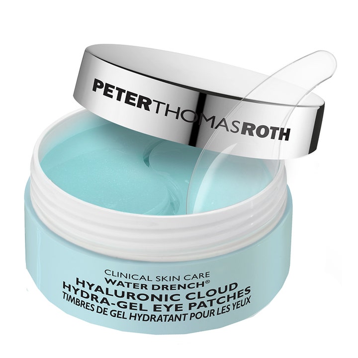 Peter Thomas Roth Water Drench 30 st hydra-gel ögonmask med hyaluronsyra i ljusblå burk med silverlock och spatel.