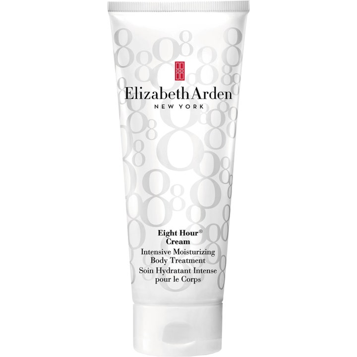 Elizabeth Arden Eight Hour Cream Body Treatment intensivt återfuktande bodylotion i vit plasttub med mönster av åttor.