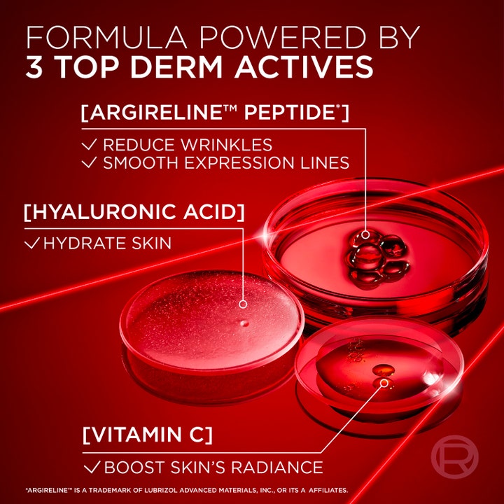L'Oréal Paris Revitalift Laser Serum 30 ml med anti-rynk peptider hyaluronsyra och C-vitamin i röda glasskålar