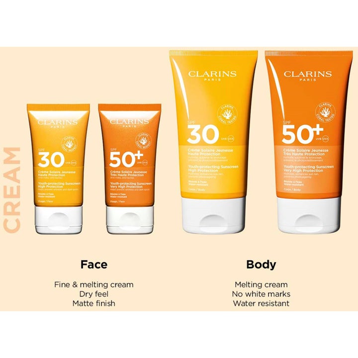 Clarins Youth-protecting Sunscreen SPF30 150 ml solkräm i tub för kropp som ger ett vattenresistent skydd