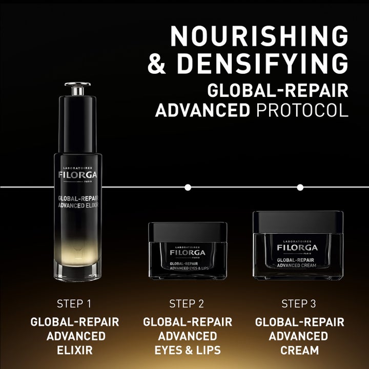 Filorga Global-Repair Advanced Eyes & Lips 15 ml närande ögonkräm i svart burk som steg två i en hudvårdsrutin.
