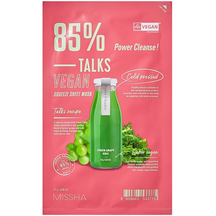 Missha Talks Vegan Squeeze Sheet Mask 27 g ger klarare hy i rosa sachet med bild av en grön flaska och vindruvor