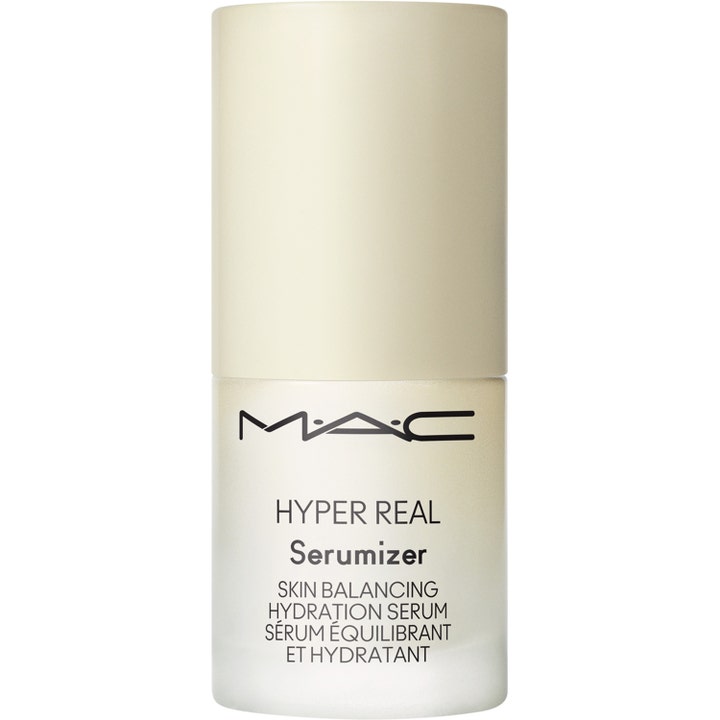 MAC Hyper Real Serumizer balanserade fuktgivande serum i en frostad glasflaska med krämvitt lock