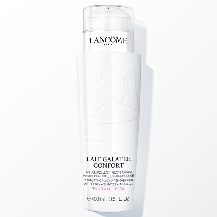 Lancôme Lait Galatée Confort 400 ml fuktgivande sminkborttagning i vit pumpflaska med präglad ros.