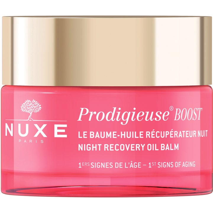 Nuxe Prodigieuse Boost Night Recovery Oil Balm 50 ml lyxig återfuktande nattkräm som ger lyster i rosa glasburk med guldlock