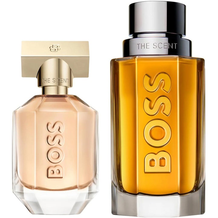 Hugo Boss Boss The Scent For Her & Him 30 ml och 50 ml presentask med parfymer i glasflaskor med guld och silver