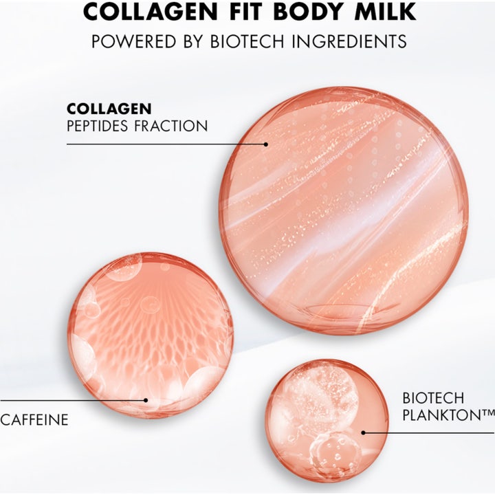 Biotherm Collagen Fit Body Milk 400 ml ger hudfasthet med kollagenpeptider och koffein i persikofärgade droppar.