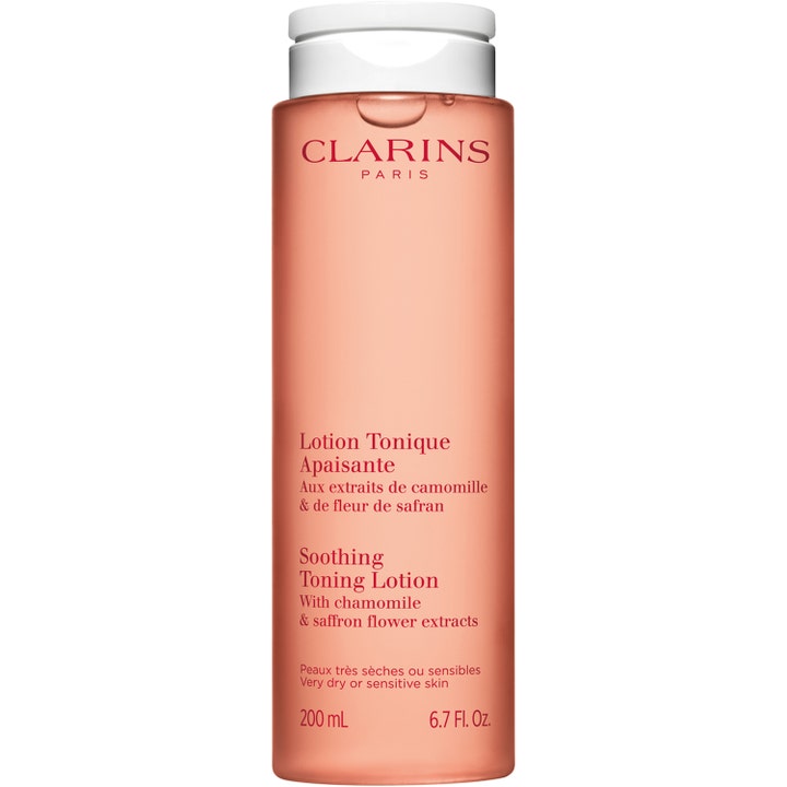 Clarins Soothing Toning Lotion 200 ml lugnande clarins toner för Clarins känslig hud i persikofärgad flaska