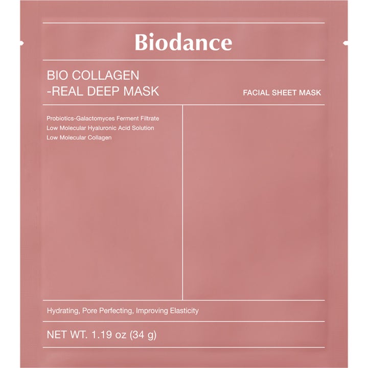Biodance Bio Collagen-Real Deep Mask 34 g fukt ansiktsmask ger elasticitet i rosa engångsförpackning med vit text.