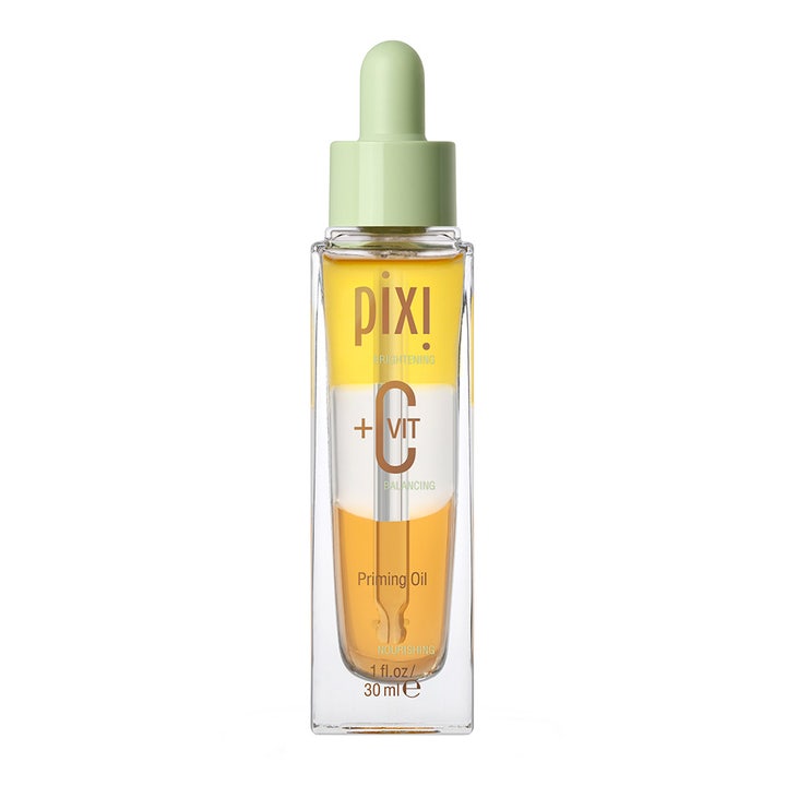 Pixi +C Vit Priming Oil 30 ml återfuktande primer med c-vitamin i fyrkantig glasflaska med mintgrönt pipettlock.