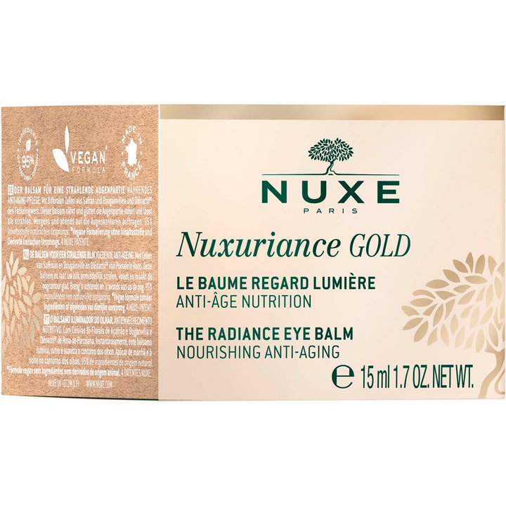 Nuxe Nuxuriance Gold 15 ml anti-age ögonkräm i lyxig guldfärgad kartong med texten Vegan Formula.