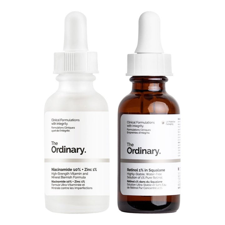 The Ordinary anti-aging niacinamid retinol serum 30ml i frostad och bärnstensfärgad glasflaska med pipetter.