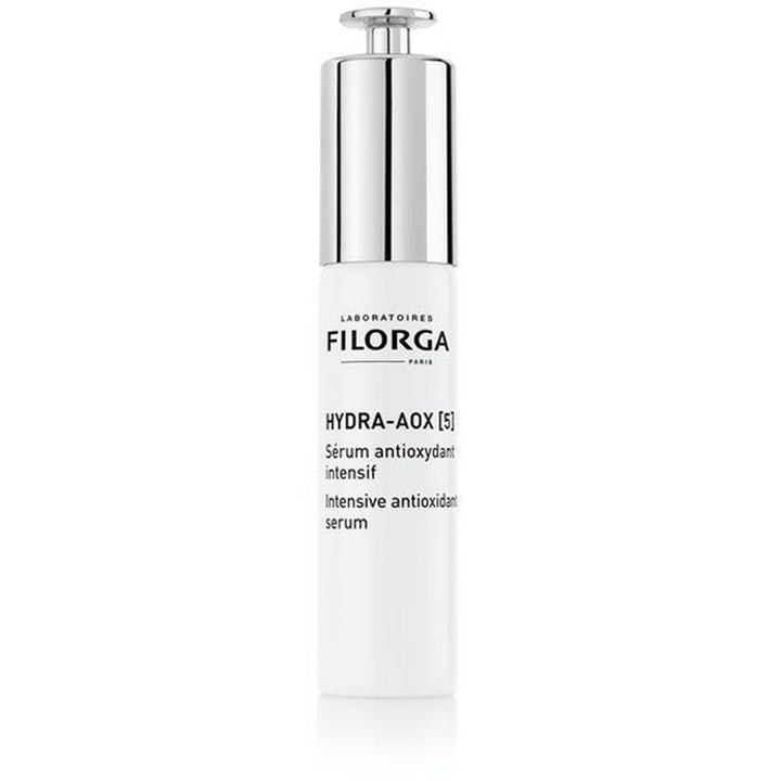 Filorga HYDRA-AOX [5] 30 ml Filorga antioxidant serum motverkar ålderstecken i vit flaska med silverfärgad pump.